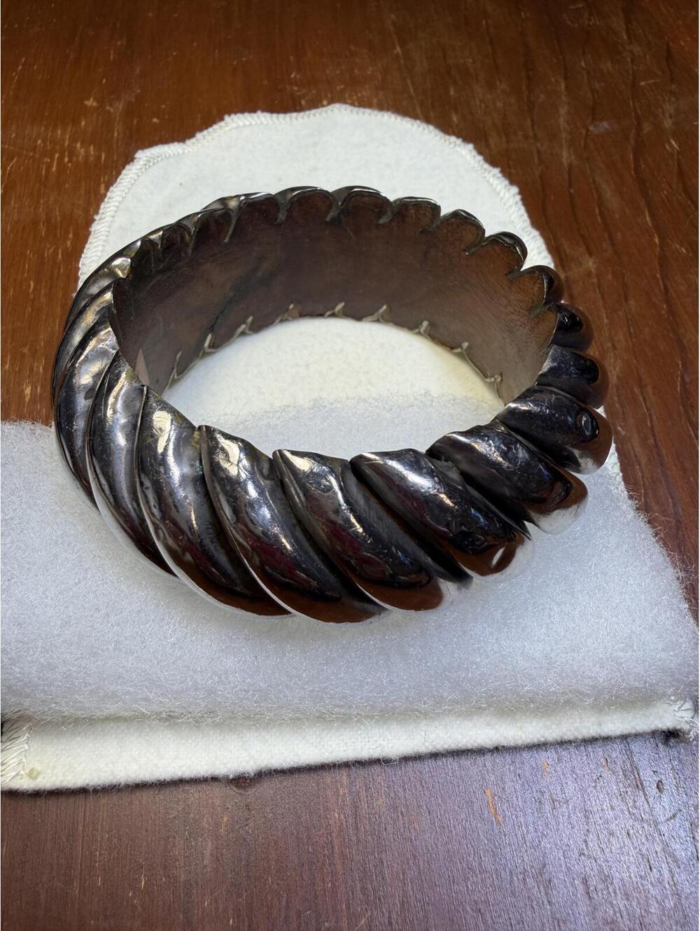 Vtg Chunky Silver Metal Wrapped Wood Bangle Bracelet Statement Piece